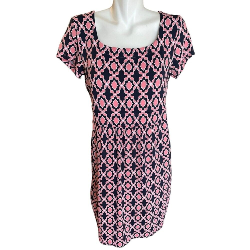 Charter Club Sheath Dress Women’s Petite Medium Navy Pink Geometric Knee Length